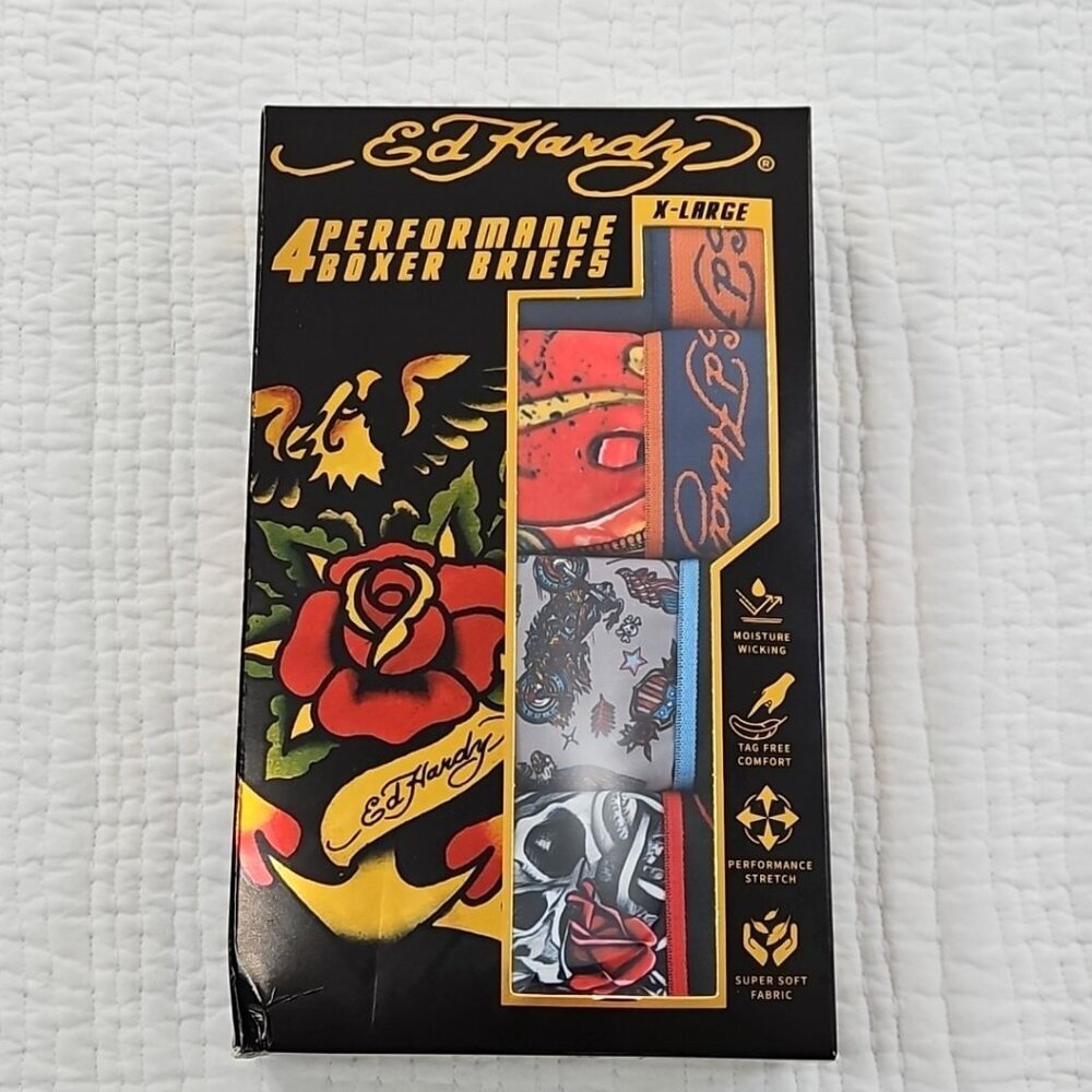 ED Hardy Boxer Briefs 4-Pack X-Large (40-42) NIB Tag-Free Super Soft Stretch NEW